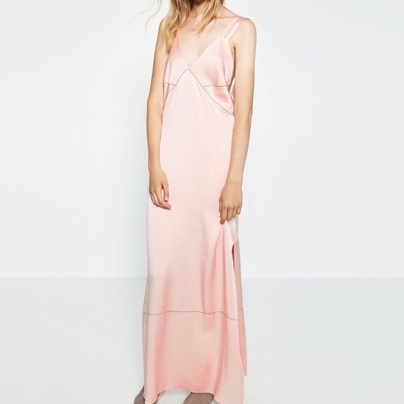 Zara | Dresses | Zara Pink Satin Dress Size S No Tags Black Stitching |  Poshmark